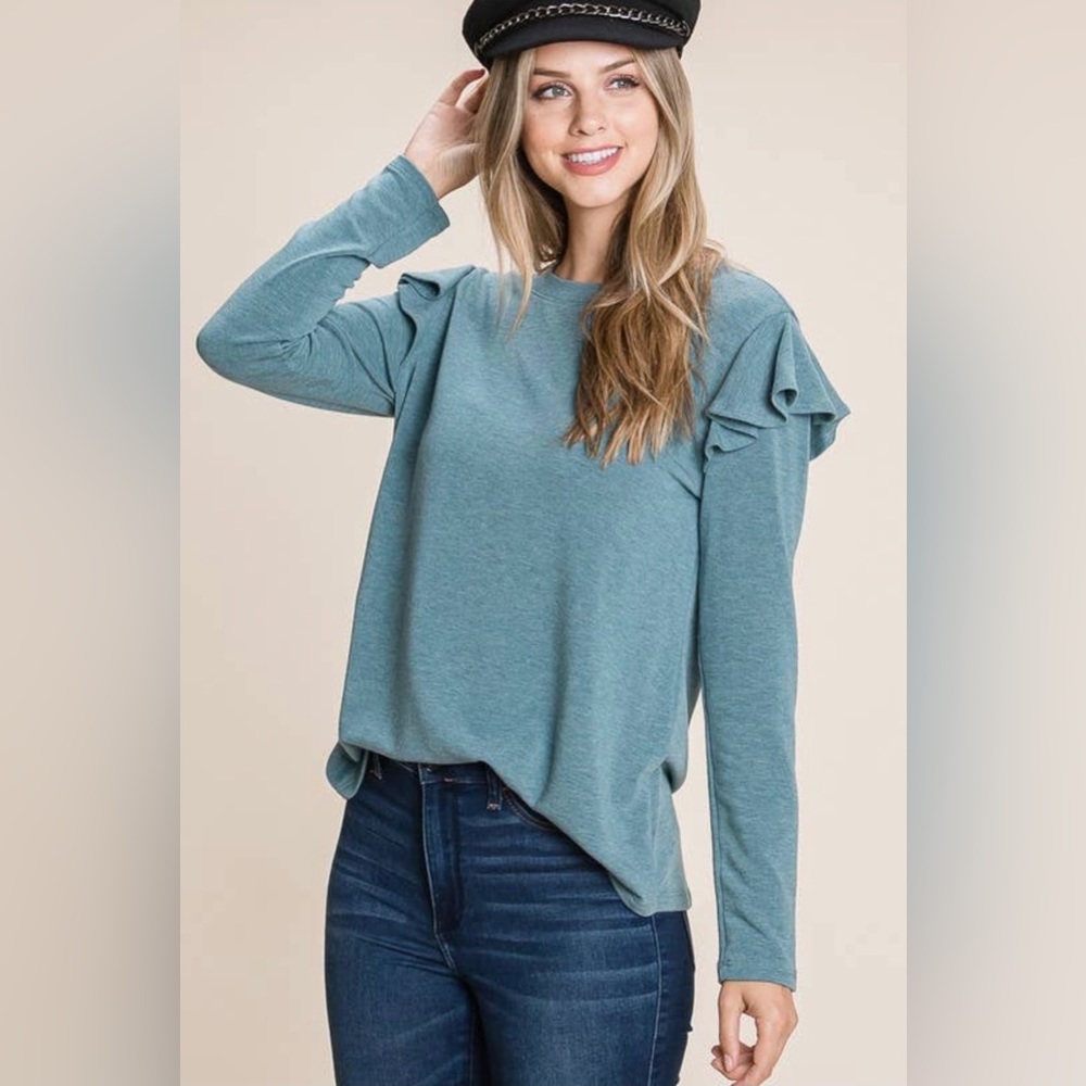 T86-Ruffle Shoulder Top-Teal